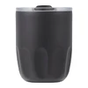 A drink bottle in matte black with a clear lid, featuring a logo on the side. The design is sleek and modern.