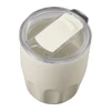 A drink bottle featuring a cream exterior, clear lid, and a ceramic liner with a sliding closure. It has a logo.