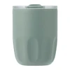 A drink bottle in a muted green colour with a transparent lid and a textured body. Features a logo. 