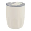 A drink bottle in cream with a clear lid, featuring a ceramic liner. Includes a branding logo.