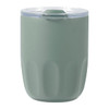 A drink bottle featuring a green exterior with a transparent lid and a ceramic liner inside. It has a simple, rounded design and includes a logo.