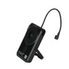 A black magnetic power bank with a stand and a connected charging cable. It features a logo on the surface.