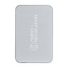 A silver power bank with a minimalist design and a logo. It features rounded corners and a sleek finish.