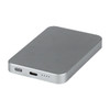A silver power bank with a semi-solid state battery, featuring USB ports and an indicator light.