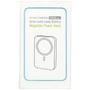 A white packaging box featuring a magnetic power bank with a semi-solid state battery, illustrated design, and branding logo.