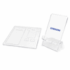 A clear acrylic phone stand kit with a rectangular base and an upright holder. Includes a branding logo.