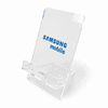 A clear acrylic phone stand with a tilted design, featuring a logo on the front.