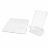 A clear acrylic phone stand next to flat acrylic pieces for assembly. The design is simple and modern.