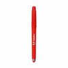A red gel pen featuring a logo and a stylus tip at the end.