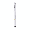 A white gel pen with a shiny silver clip and a logo on the barrel.