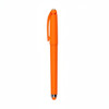 An orange gel pen with a smooth finish and a clip, featuring a logo on its barrel.