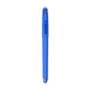 A blue fidget gel pen with a smooth finish and a click mechanism, featuring a logo on its body.