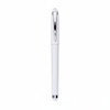 A white gel pen with a shiny chrome clip and tip, featuring a logo on its body.