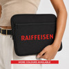 A black neoprene laptop sleeve with a zippered pocket and a logo. Available in more colours.