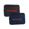 A neoprene laptop sleeve in black and navy blue, featuring a logo on the front.