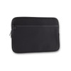 A black neoprene laptop sleeve with a zippered pocket. The sleeve fits a 14-inch laptop and features a logo.