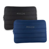 A neoprene laptop sleeve in black and navy blue, featuring a logo on the front, with a padded design.