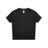 A black short-sleeved t-shirt with a round neckline and a tag visible at the collar. It features a simple design.