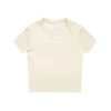 A light cream-coloured t-shirt featuring a round neckline and short sleeves. The shirt has a branding logo.