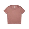 A short-sleeved tee in a muted rose colour, featuring a round neck and a label inside. It has a simple design.