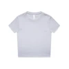 A light grey short-sleeve T-shirt with a crew neck and a tag, featuring a logo on the inside label.
