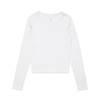 A white long-sleeve t-shirt with a round neckline and a logo on the label.