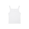 A white organic collegiate tank top with thin straps, featuring a simple design and branding detail.
