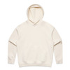 A cream-coloured hoodie featuring a front pocket and a hood. It has a branding logo on the material.