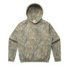 A faded hooded sweatshirt in a camouflage pattern featuring green and tan colours, with a front pocket and a logo.