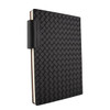 A black, woven-textured Nexus Notebook with a strap closure, featuring a plain cover and a branding logo.