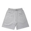 Grey shorts with an elastic waistband and a simple design, featuring a logo.