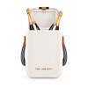 A white cooler bag with two champagne bottles inside, featuring a logo and striped handles.