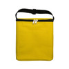 A yellow cooler bag with a zippered top and a black strap, featuring an exterior pocket on the front.