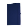 A navy blue A5 journal with a hardcover and an elastic band, featuring a logo on the front.