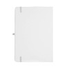A recycled white A5 journal with a smooth cover and grey elastic closure, featuring a logo on the front.