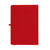 A red A5 journal with a smooth cover and a closure strap, featuring a logo on the front.