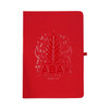 A red recycled journal with an embossed design and logo on the cover, featuring a ribbon bookmark.