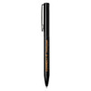 A black ballpoint pen with a glossy finish and a clip, featuring branding on the barrel.