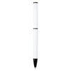 A white ballpoint pen with a black tip and a logo on its body. It features a twist mechanism for opening and closing.