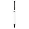 A white ballpoint pen with a black clip and tip, featuring a simple, sleek design and a logo.