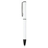 A white ballpoint pen with a black clip and tip, featuring a branding logo.