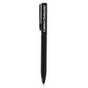 A black metal ballpoint pen with a clip and a branding logo on the barrel.