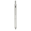 A silver recycled stainless steel pen featuring a sleek design and a logo. It includes a stylus tip and various functions.