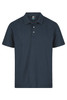 A navy polo shirt with a collar and three buttons, featuring a logo on the tag.