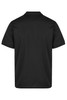 A black polo shirt with a collar and short sleeves, featuring a logo on the back.