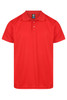 A red polo shirt featuring a collar and three buttons, with a logo on the tag.