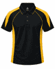 A black polo shirt with yellow accents and a logo on the chest. Features a collar and buttons.