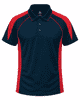 A navy polo shirt with red side panels and a collar, featuring a logo on the chest.