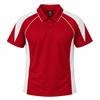 A red polo shirt with white accents, featuring a collar and buttons. It has a logo on the left chest area.
