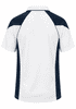A polo shirt featuring a white body with navy blue side panels and a logo on the front.
